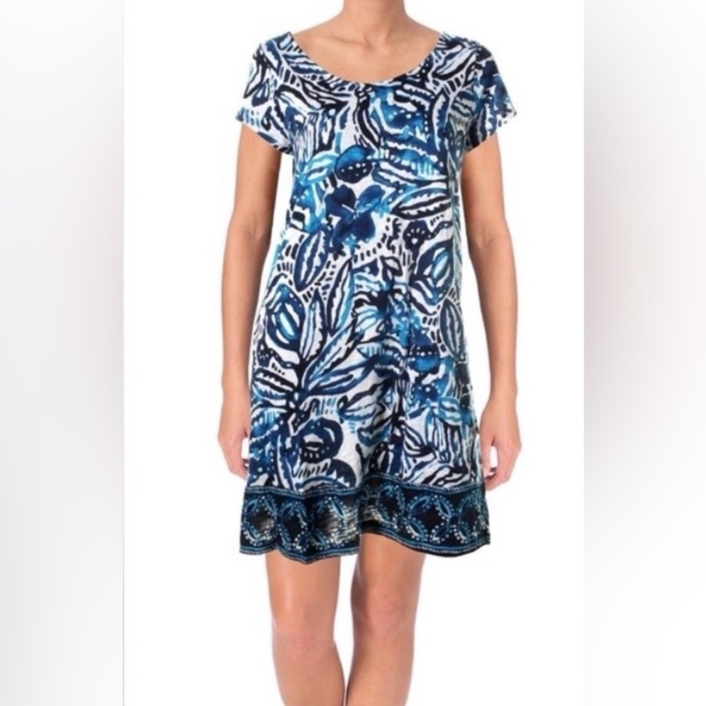 Lucky Brand blue white floral short sleeve cotton blend beachy coastal dress M
